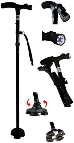 Sturdy Lightweight Folding Cane/Walking Stick features a Pivoting Self-standing Quad Base, Adjustable LED Light & Cushion Handle