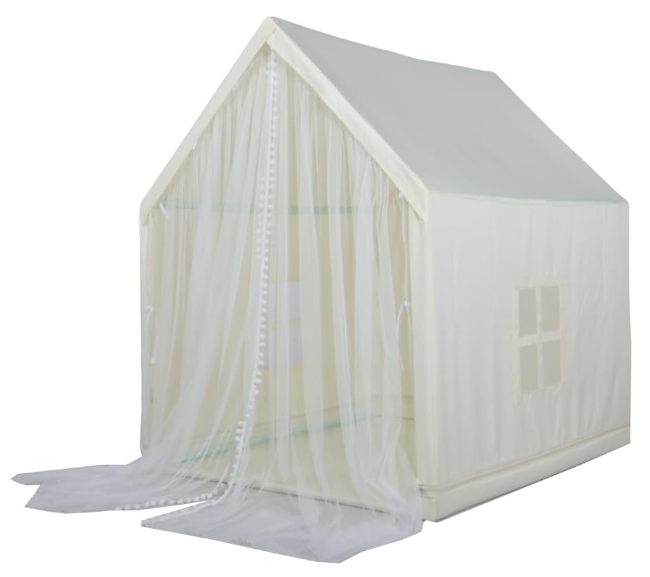 Monobeach Kids Tent Beige Play Tent with Long Mesh Curtain Large Playhouse for Indoor Outdoor Play Cottage Castle Toy for Girls Boys House Gift (Beige Kids Play Tent)