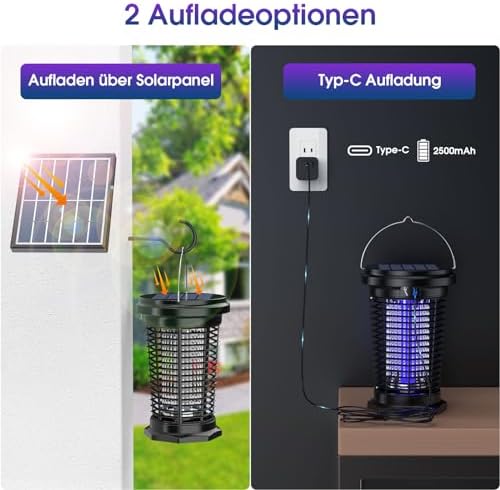 4500V Hängbarer Insektenvernichter Elektrisch Solar, Ausgestattet mit Einem Einstellbaren 5,5W/5V-Solarpanel und Einem 3,5m Langen Kabel, Geeignet für den Innen, Garten und Outdoor-Aktivitäten