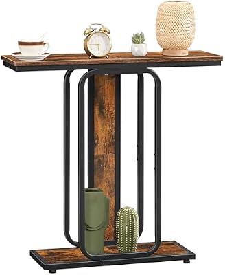 Mesa de Consola de Estilo Industrial, con Espacio de Almacenamiento, Aparador de Marco Geométrico de 2 Niveles, para Recibidor, Entrada, Salón, Dormitorio, Marrón Rústico y Negro EBF68XG01