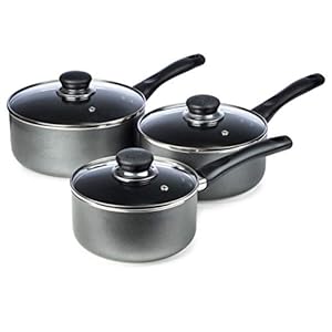 Premier Cookware Essentials Grey Saucepan Set - 3 Piece Guaranteed Non-Stick Aluminium Saucepans with Glass Lids Set - Induction Suitable - 16cm 18cm 20cm