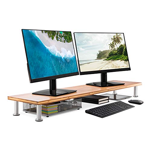 Large Dual Monitor Stand for Computer Screens – Solid Bamboo Riser Supports The Heaviest Monitors, Printers, Laptops or TVs – Perfect Shelf Organizer for Office Desk Accessories & TV Stands (Natural)