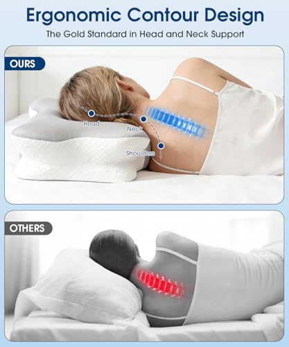 Memory Foam Pillow, Ergonomic Orthopedic Pillow for Neck and Shoulder, Neck Support Pillow for Back, Side, Stomach Sleepers ,Cooling Cervical Pillow with 2 Removable Cover, 2 Adjustable Height