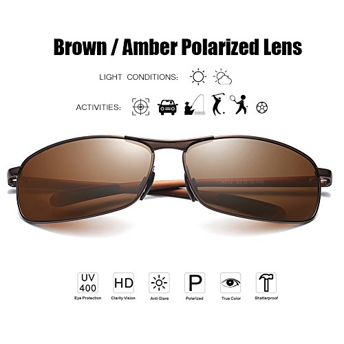ZHILE Rectangular Polarized Sunglasses Al-Mg Alloy Temple Spring Hinge UV400 (Brown, Amber)
