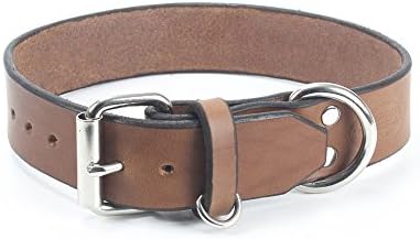 Bridle Leather Dog Collar by Rugged Material - Real Brown Leather Collar with Leash Attachment and Dog Tag Ring - Large (Brown)