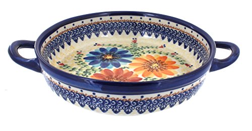 Click Here to See More Images Blue Rose Polish Pottery Autumn Burst Small Round Baker with Handles