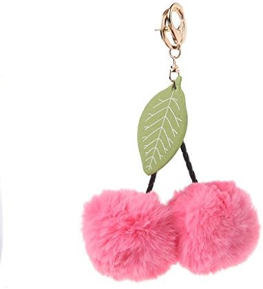 Kansea Rabbit Fur Key Chain Bag Charm Fluffy Puff Ball Cherry Ring Car Pendant(Pink)
