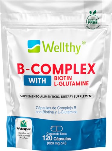 Wellthy Complejo B Cápsulas 120 porciones. Reforzado con Biotina y Glutamina. VCaps Cápsulas veganas, Bottle Free.