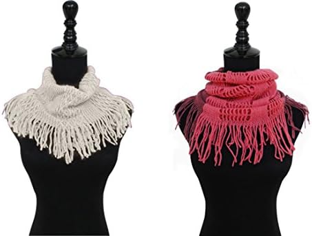 2 Pack Best Off-White &amp; Two Tone Coral Red New Warm Lightweight Cable Knit Fringe Infinity Scarf Women Teen Girls FashionNut Fun Unique Last Minute Valentines Day Gift Idea