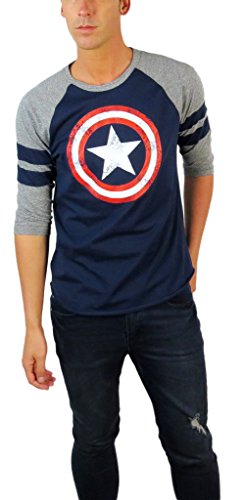 Marvel Mens Captain America Distressed Shield Varsity Football 3/4 Sleeve Raglan (X-Large, Navy)