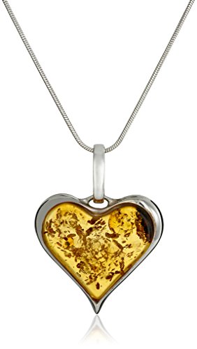 Sterling Silver and Honey Amber Heart Pendant Necklace, 18"