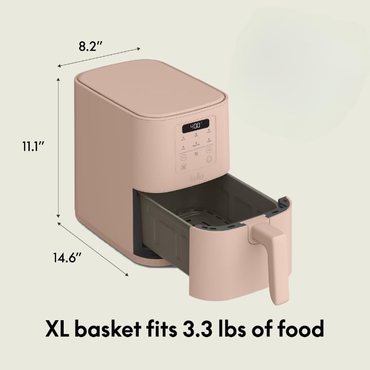 Bella Freidora de aire delgada de 4 cuartos de galón, utensilios de cocina Fits-anywhere™, revestimiento antiadherente cerámico EverGood™, temperatura ajustable, 6 opciones de cocción preestablecidas, apagado automático de 60 minutos con tono audible, capacidad de 3.3 lb, Blossom