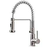 Friho Lead-Free Commercial Brushed Nickel Stainless Steel Single Handle Single Lever Pull Out Pull Down Sprayer Spring Bar Sink Kitchen Sink Faucet, Brushed Nickel Kitchen Faucets