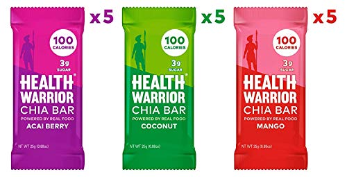 Health Warrior Chia Bars Variety Pack, Coconut/Acai Berry/Mango, 15 Count