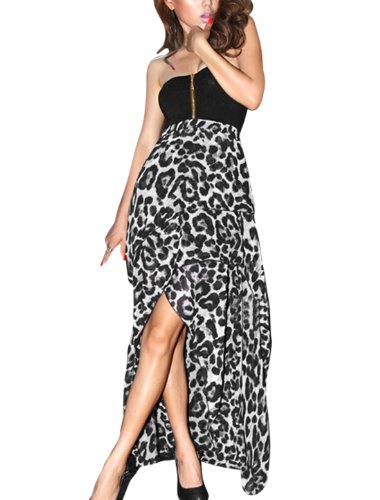 Allegra K Women Leopard Prints Strapless Zipper Front Irregular Hem Corset Dress