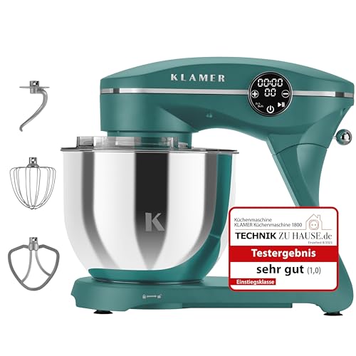 KLAMER Küchenmaschine 1800W, Knetmaschine Brotteig mit 6L Edelstahlschüssel