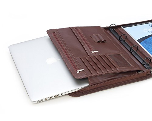 Professional Executive Business Padfolio Portfolio Case - PU Leather Resume & Document Organizer with 4 Ring Binder, 10.1 Inch Tablet Sleeve, Zipper, Premium Paper Pad â€“ Almond Brown