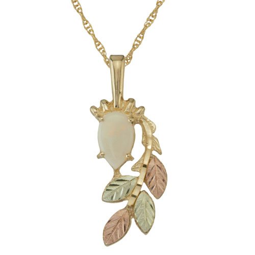 Opal Pear Cabochon Pendant Necklace, 10k Yellow Gold, 12k Green and Rose Gold Black Hills Gold Motif.