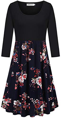Helloacc Loose Dresses for Women，Scoop Neck Patchwork Casual Business Work Knee-Lenth Dress Color Block Outdoor Active Tshirt Dress Soft Breathable Church Tea A Line Dress Navy Red Rose Patterned L - Thumbnail 2