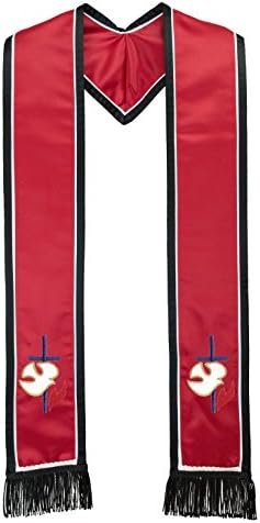 Holy Spirit Holy Ghost Cross Pentecost Deluxe Satin Red and Black Double Border with Fringe Clergy Minister Sash Stole