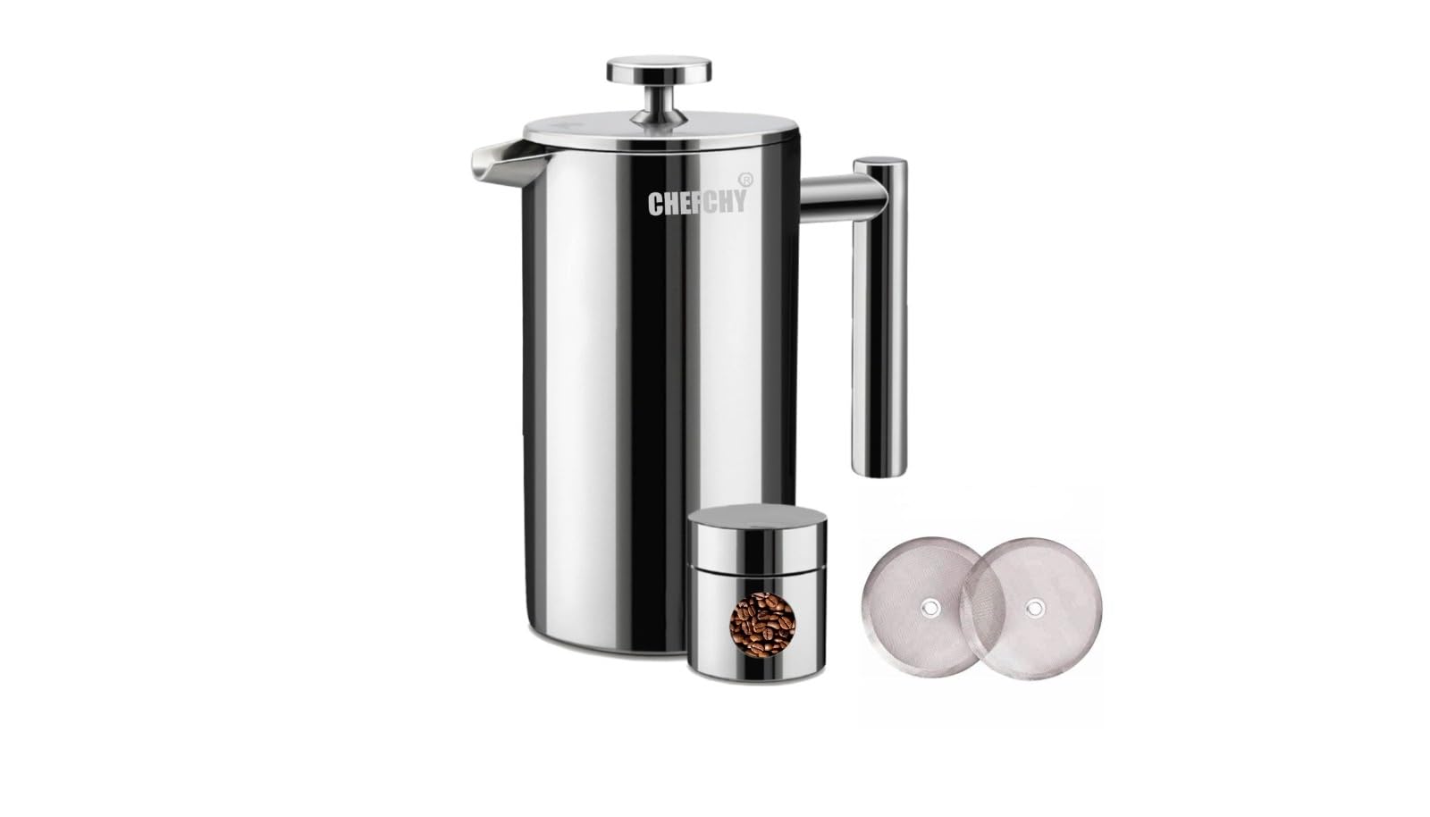 CHEFCHY French Press Coffee Maker, 34oz/1L, Double-Walled 304 Stainless Steel, Rust-Resistant, Dishwasher Safe, Includes 2 Extra Filters & Coffee Pot Canister