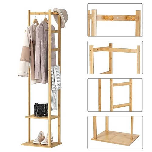 medla Bamboo Clothes Hanger Stand: Wood Cloth Rack with 3 Hanging Hooks and 2 Tier Shoe and Bag Storage Shelves Free Standing Coat Organizer for Hallway Home Office