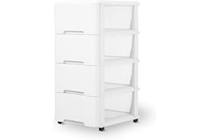 OMNISAFE 4 Tier Plastic Drawers, White Storage Cart with White Frame, Storage Organization unit for Living Room, Bedroom, Dormitory