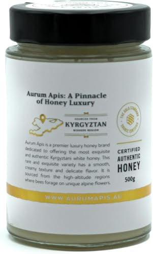 Aurum Apis Kyrgyzstani White Honey Pure Raw Wild Natural Organic Monofloral Premium Flower Superfood Natural Support Energy | Farm Fresh | Hand Harvested | Sugar Substitute - 500 Gram Jar
