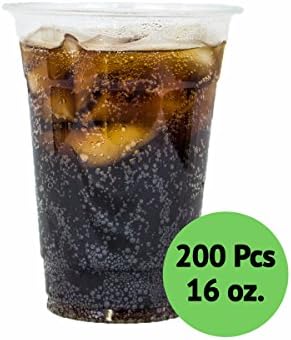 Clear Plastic Disposable Cups, Crystal Clear PET Cups, Premium 200 Pcs. 16 oz (473 ml), Without Lid, Perfect for Cold Drinks Iced Coffee Tea Juices Smoothies Slush Soda Cocktails Beer Sundae Kids Safe