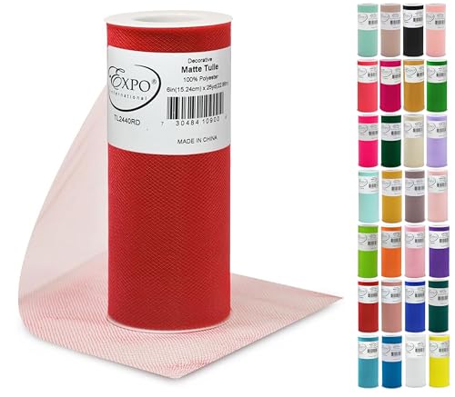 Expo International Decorative Matte Tulle, Lightweight Polyester Tulle Fabric for Tutus, Costumes, and Party Decorations, Washable, Easy-to-Use, 6 Inch x 25 Yards, Red, Pack of 1