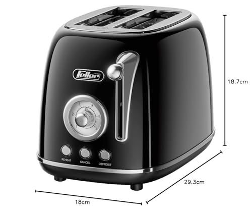 Feller Germany, Retro Style 2-Slice Toaster, 815 W, Steel Body, Steel Dust Cover & Bun Warmer,Defrost, Reheat & Cancel Function,Removable Crumb Tray, TO290, 2Y Guarantee, UAE Version (Glossy Black)