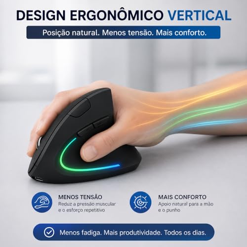 Mouse Ergonômico Vertical Recarregável Sem Fio, Bluetooth 5.0 + USB 2.4G, Cliques Silenciosos, RGB, DPI Ajustável 800-2400, Compatível com Notebook e PC