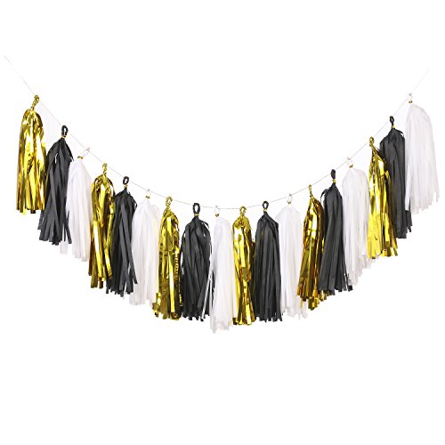 Ling's moment 18 PCS Tissue Paper Tassels, Tassel Garland Banner for Wedding, Baby Shower, Event & Party Supplies, DIY Kits - (Metallic Gold+Black+White)