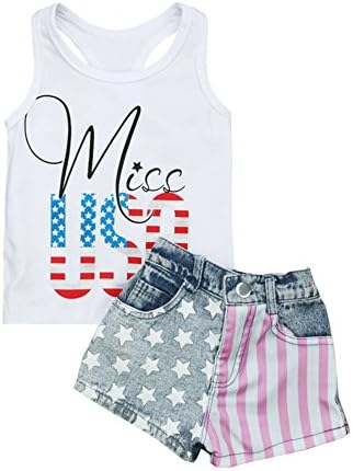 Scfcloth 4th of July Clothes Toddler Girls Miss USA Vest Tops + Denim Shorts Summer Outfits Set