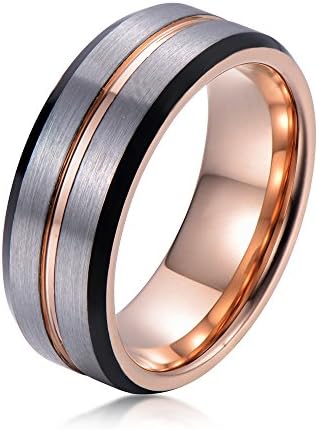 3-Tone Rose Gold Tungsten Ring w/ Satin Brushed Finish Band &amp; Black Edges. Personalized Engraving Included. (10)