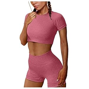 BUZHIDAO Dames workout set 2-delig outfits korte mouwen naadloze fitnesstop + hoge taille yoga shorts trainingspak sets…