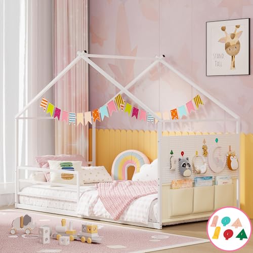 Twin Montessori House Bed for Kids with Storage Caddy and Pegboard, White