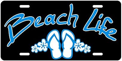 BEACH LIFE License Plate, Salt Water Palm Trees, Ocean, Sand &amp; Water Flip Flops Car Plate.
