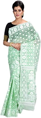 Ruprekha Fashion Woman's Cotton Silk Mint Green Color Dhakai Jamdani Handloom Saree