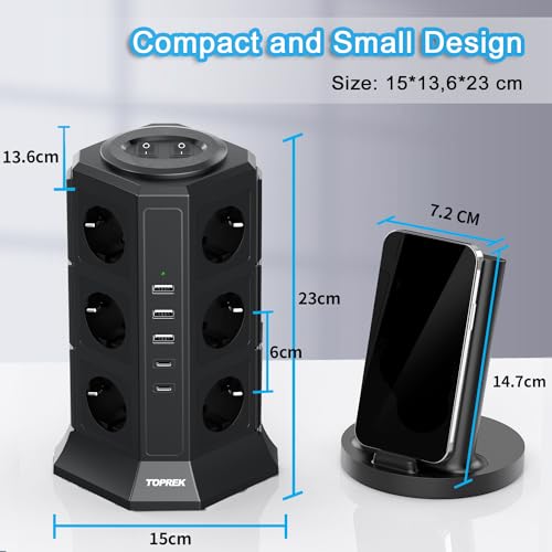 Power Strip Surge Protector 4000W/16A, 12 Outlets with USB, Power Outlet with Switch, Power Strip for Office, Kitchen, 2M Cable