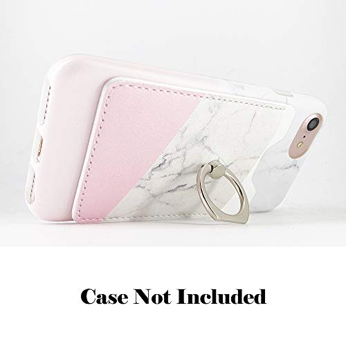 Obbii 2 Pack PU Leather Card Holder with Finger Ring for Back of Phone with 3M Adhesive Stick-on Credit Card Wallet Pockets for iPhone and Android Smartphones (Pink & Tiffany Marble) - Thumbnail 3