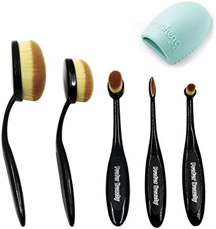 PREFER BEAUTY - 5PCS Oval Black Makeup Brush + 1PCS Silicone Cleaner Egg, Professional Foundation Contour Concealer Blending Cosmetic Brushes Kit