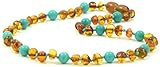 Amber Teething Necklace {0055} for Baby Mixed with Turquoise Beads - Unisex - 12.6 inches (32 cm) - AmberJewelry - Hand-Made from Baltic Amber Beads (12.6 inches (32 cm), Cognac / Turquoise (Green))