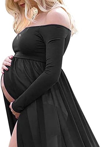 HimTak Women's Off Shoulder Strapless Maternity Dress for Photography Split Front Draped Pregnancy Gown for Photoshoot