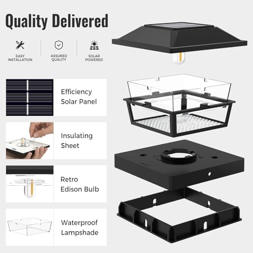 btfarm 4 Pack 4x4 Solar Post Caps Lights, Fence Post Solar Powered Lights with Edison LED Bulbs for Vinyl Wooden Posts, Waterproof Retro Deck Post Light Outdoor for Patio Garden Porch, Warm White