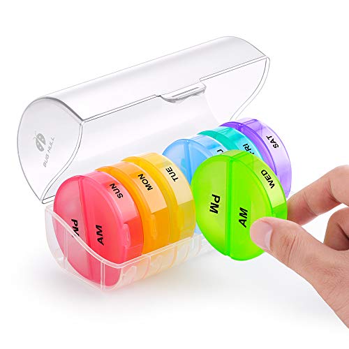 BUG HULL Pill Organizer 2 Times a Day, Weekly Travel Pill Box, 7 Day AM PM Pill Case, Daily Round Medicine Organizer for Vitamins, Fish Oils or Supplement
