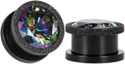 TBOSEN Dull Polish Ear Tunnels Titanium Black Steel Gauges Zircon Plugs Sold as 2pcs