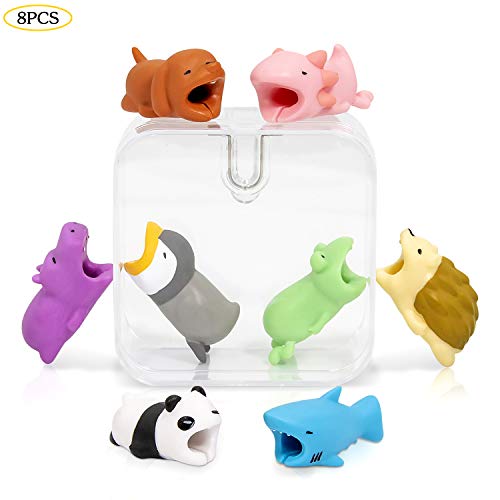 8 Bite Cable Cord Bites Animals Protector Saver, HENSUN Cute Animal Dog Axolotl Hedgehog Shark Panda Frog Hippo Penguin Bite Compatible for iPhone Charging Cable Data Line Cell Phone Cable Accessory