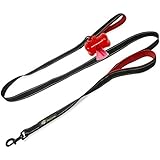 PetComp Double Handle Dog Leash - For Walking and Training Large and Small Dogs - Bonus Poop Bag Dispenser and Bags - 6 Feet Long Reflective Strap - Padded Handles - Heavy Duty - Red