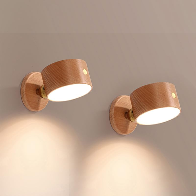 Photo 1 of LANDGOO 2-Pack Wood Wall Sconce, Beech Wood Magnetic 360° Rotatable Cordless Bedside Lamp Set, Rechargeable & Dimmable LED Lights with Touch Control, Wireless Wall Mount for Bedroom
